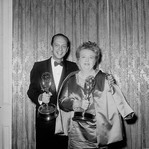 Don Knotts and Frances Bavier smile while holding their awards for their supporting roles in the television series, The Andy Griffith Show, at the Emmy Awards, June 4, 1967. 
