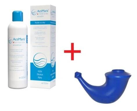 Sada produktů ActiMaris sensitive roztok a konvička Rhino na výplachy při zánětech nosu.
