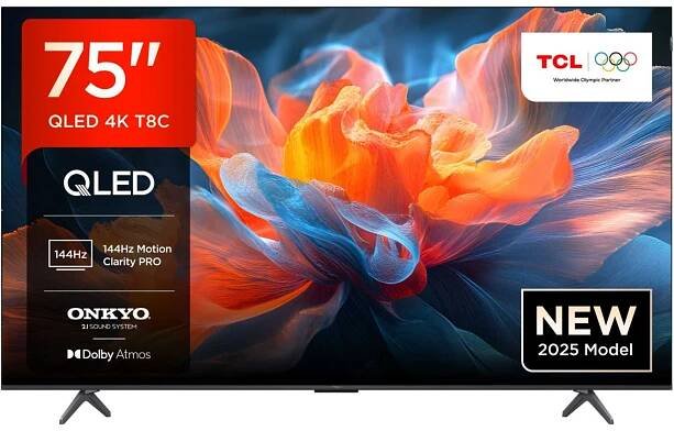 TCL 75T8C 75 palců QLED 4K HDR UHD televizor, Smart Google TV Dolby Vision & Atmos, 144Hz Motion Clarity Pro, FreeSync, On...