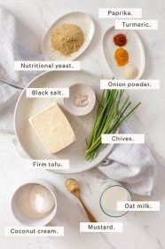 Flat lay of ingredients needed to make tofu scramble