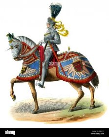 Emperor Maximilian I, of Habsburg, Holy Roman Emperor, shown atop a horse which wears elaborately decorated caparison armour, Stock Photo