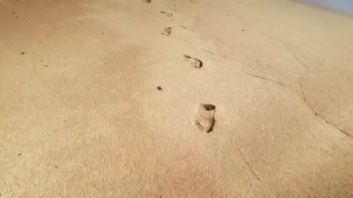 4k video kamery létající nad otisky na mokrém písku na mořské pláži — Stock záběr