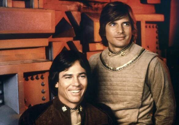 BATTLESTAR GALACTICA, from left: Richard Hatch, Dirk Benedict, 1978-79.
