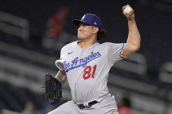 Victor Gonzalez #81 of the Los Angeles Dodgers pitches against the Washington Nationals during the eighth inning at Nationals Park on September 08, 2023 in Washington,