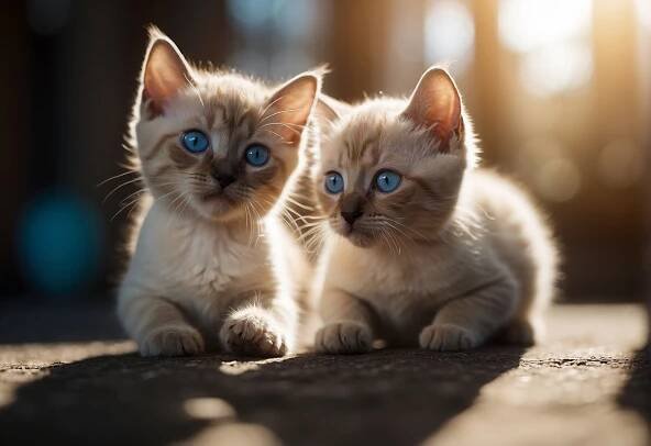 Two Siamese mix kittens playfully chasing each other in a sunlit room, their blue eyes sparkling with mischief