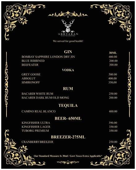 BAR Menu - Abhyaran Resort and Spa