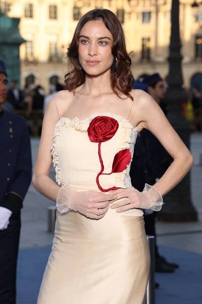 Image may contain Alexa Chung Clothing Dress Formal Wear Glove Fashion Evening Dress Adult Person Wedding and Gown