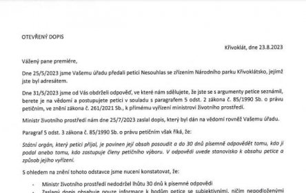 Otevřený dopis premiérovi k nevypořádání petice - Svazek obcí Křivoklátska