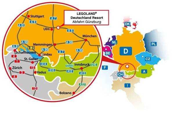 Mapa s dálnicemi v Německu, Rakousku a Švýcarsku pro cestu do LEGOLAND Deutschland
