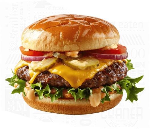 A delicious hamburger with lettuce, tomato, onions, pickles, and melted cheese on a toasted bun.
