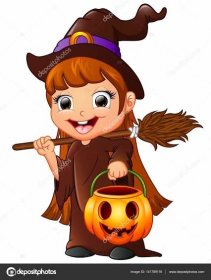 Malá čarodějnice kreslený drží koště a dýně Stock Vector od © dualoro 141789116
