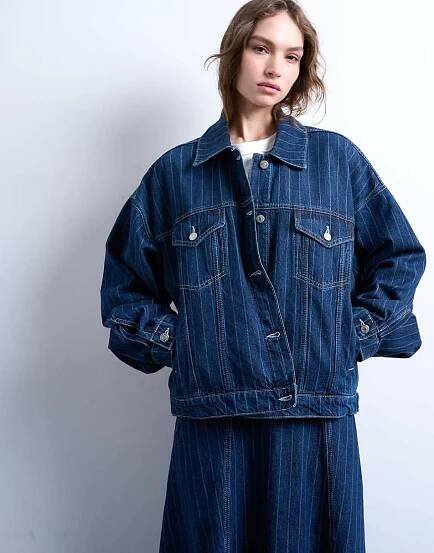 Topshop denim balloon sleeve jacket in indigo stripe - view 1