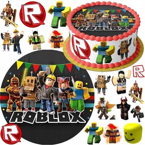 SADA OPLATEK NA DORT 20 CM + 23 POSTAVIČEK - ROBLOX HRAJE + DÁREK JMÉNO TEXT