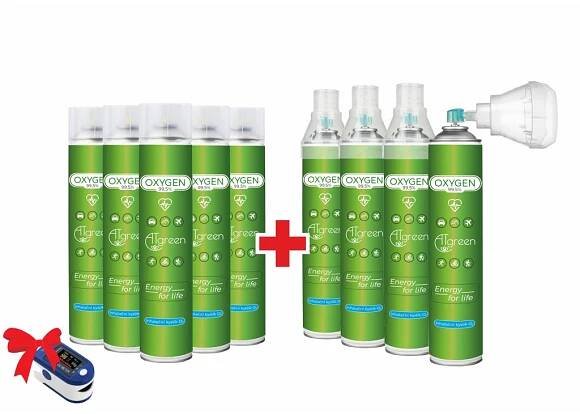 Inhalační Kyslík O2 (14L) 9 ks + Dárek, Pulzní oxymetr s LCD displejem - ATGREEN