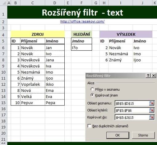 MS Excel 2010 - Rozšířený filtr - ukázka