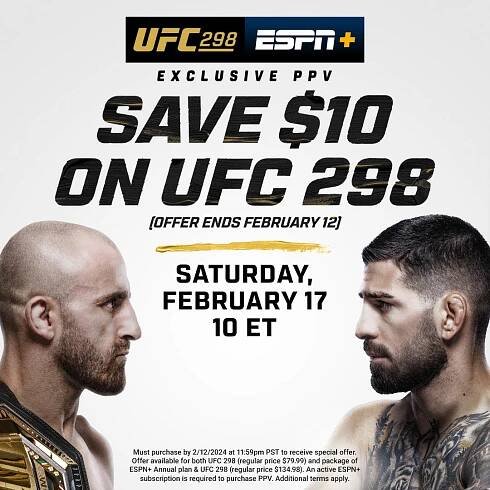 Get ten dollars off UFC 298: Volkanovski vs Topuria