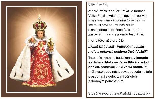Mše svatá a pobožnost k Pražskému Jezulátku - Farnost Velká Bíteš