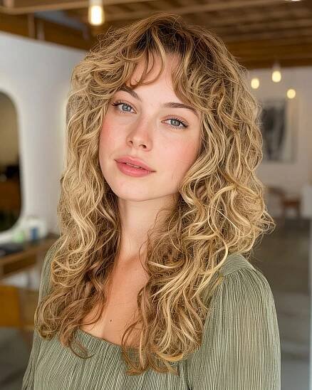 Tousled curly hairstyle with curtain fringe and loose waves on shoulder-length hair