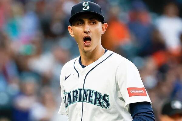 George Kirby #68 of the Seattle Mariners reacts after taking a ball to the face during the fifth inning against the Baltimore Orioles at T-Mobile Park on June 03, 2025 in Seattle, Washington