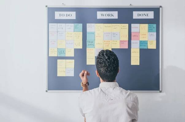Rückansicht Scrum Master vor einem Board