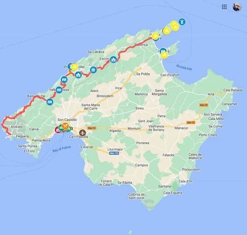 Mapa - trek GR 221 na Mallorce