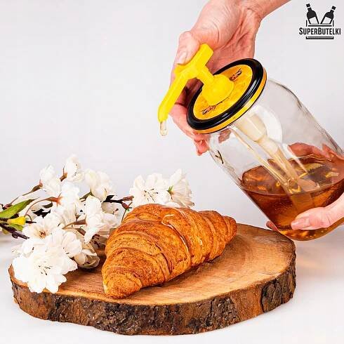 SKLENIČKA NA MED SIRUPY 900 ML PUMPIČKA DÁVKOVAČ DÁVKOVAČ MEDU A DŽUSOVÝCH SIRUPŮ Průměr 82 mm