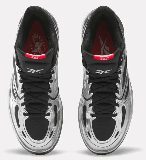 Reebok Engine A Black Silver top-down view showing the unique lace system, padded tongue with Reebok logo, and red insole branding for a bold finish