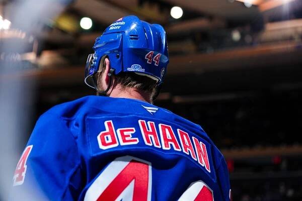 Calvin de Haan #44 of the New York Rangers skates during warmups prior to the game against the Nashville Predators at Madison Square Garden on March 2, 2025 in New York City.