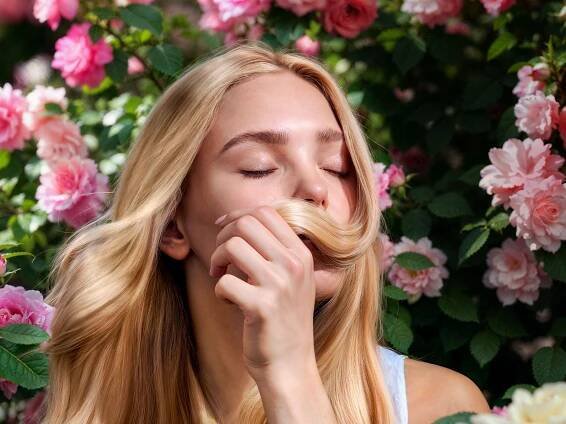 Person holding hair near nose, surrounded by blooming roses.