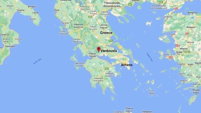 A map of Greece with emphasis on Athens and Vardousia in Pindus range.