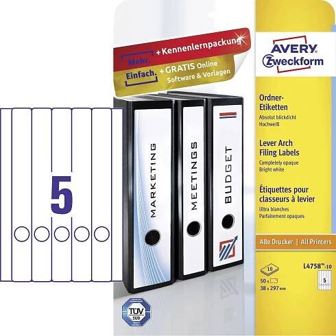 Avery-Zweckform štítky složek L4758-10 38 x 297 mm papír bílá trvalé 50 ks
