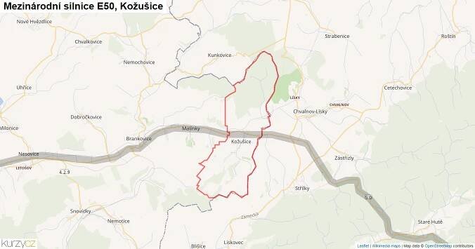 Kožušice, Silnice E50 - Mapa