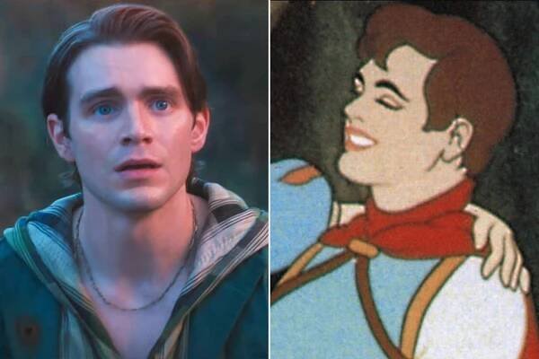 Andrew Burnap as Jonathan in the upcoming live action 'Snow White' (2025) ; The Prince in Disney's animated movie 'Snow White and the Seven Dwarfs' (1937). 