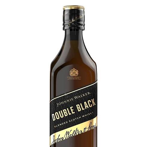 A bottle of Johnnie Walker Double Black blended Scotch whisky, featuring a black and gold label with the brand name and logo on a clear glass bottle.