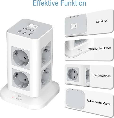 Tessan Tower Power Strip Multi Plug zásuvky s přepínačem 8 zásuvek 3 USB porty 2M kabel EU Plug Extension Socket for Home Office