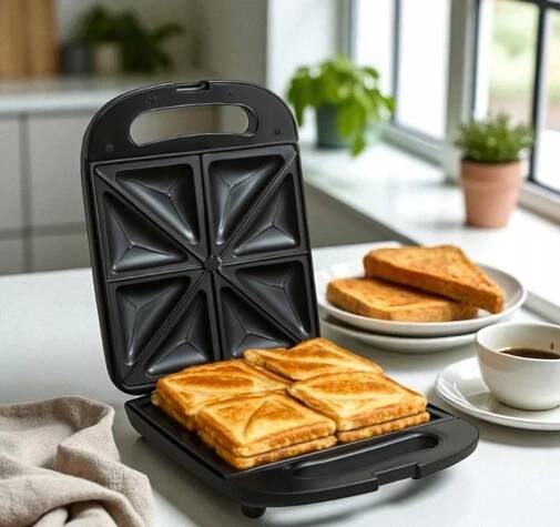 Černý Toustovač Sendvičovač XXL 4 sendviče 1400W Toastovač Sandwich DOVIA Bezpečnost tepelně odolné rukojeti protiskluzové podložky tepelně izolovaný kryt bezpečnostní spínač ochrana proti přehřátí