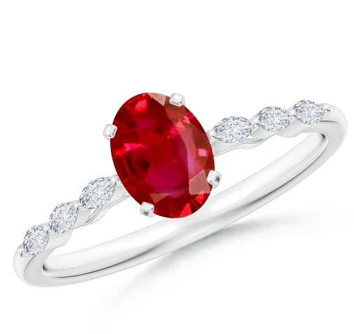 7x5mm AAA Oval Ruby Engagement Ring with Marquise Diamonds in 18K White Gold