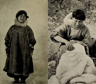 Two images of Ada Blackjack: left, in winter gear, and right, removing blubber from a sealskin. 