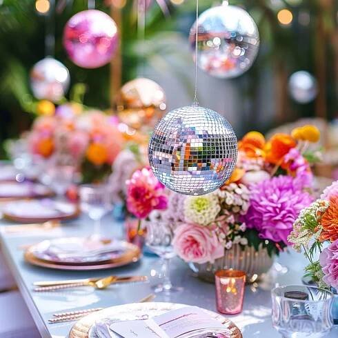 Disco balls hanging over a party table with colorful flowers and plates. 