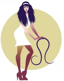 Woman with white dress and brown stockings standing with her hands on the Leo Zodiac Sign next to her.
