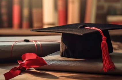 Gray books and a black graduation hat with scarlet tassel in the focused forefront and a bookshelf in the blurred background