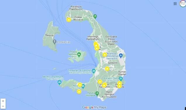 image of a google map showing the location of fifteen of the most beautiful churches in Santorini Greece