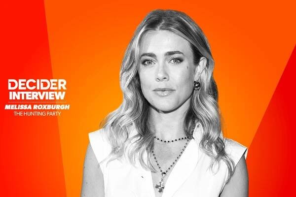 Melissa Roxburgh in black and white on an orange background