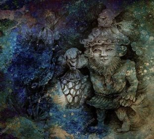Stáhnout - Malá lesní trpaslík nést svou lucernu v lesní, barevné kresby. — Stock obrázek