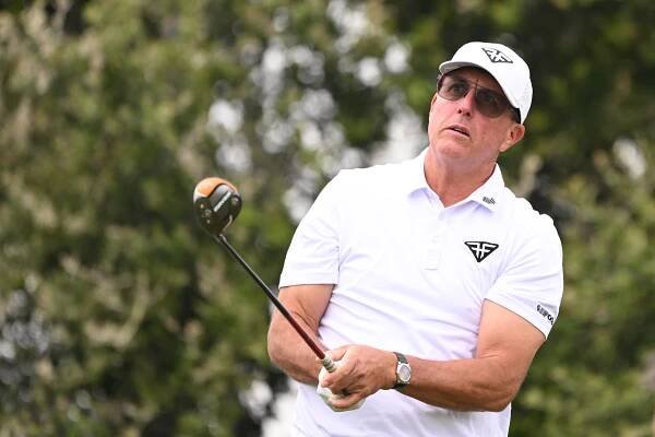 Phil Mickelson of the United States plays his shot from the 12th tee during a practice round prior to the 123rd U.S. Open Championship at The Los Angeles Country Club on June 14, 2023 in Los Angeles, California.