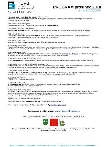Pozvání do KC Nová Beseda v Klánovicích v PROSINCI 2018, program ke stažení – Otevřené noviny