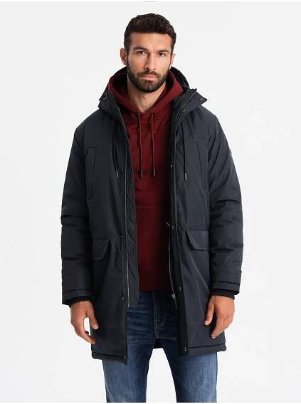 Ombre Clothing Klasická dlouhá pánská bunda parka - černá V6 OM-JALJ-0166