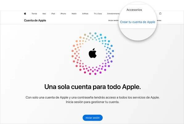 Pantalla web que muestra el enlace Crear tu Cuenta de Apple