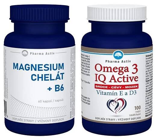 Pharma Activ Magnesium Chelát + B6 + Omega 3 IQ Activ Vitamín E a D3 60 kapslí + 100 tobolek