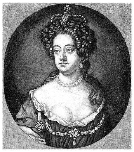 Maria Anna z Falcka-Neuburgu, španělská královna, s korunou na hlavě. Nosí na krku perlový náhrdelník.. — Stock obrázek